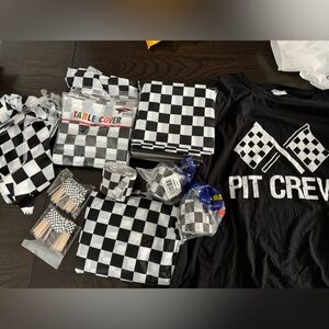 Racecar Black and White Checkered Party Supplies Packet:Shirt,Napkins,Tablecloth